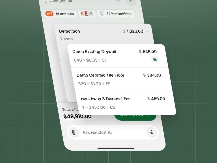 A line-item demolition estimate priced automatically in Handoff