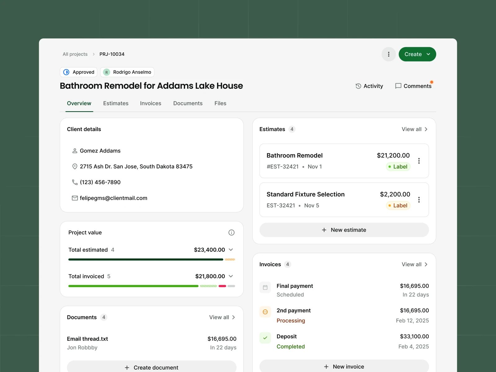 A full bathroom remodel project in Handoff: estimates, invoices, documents, and client details on one screen