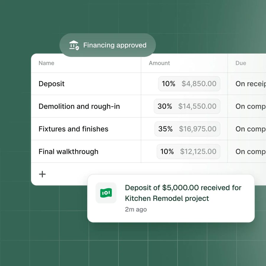 A milestone payment schedule with a financing-approved deposit in Handoff